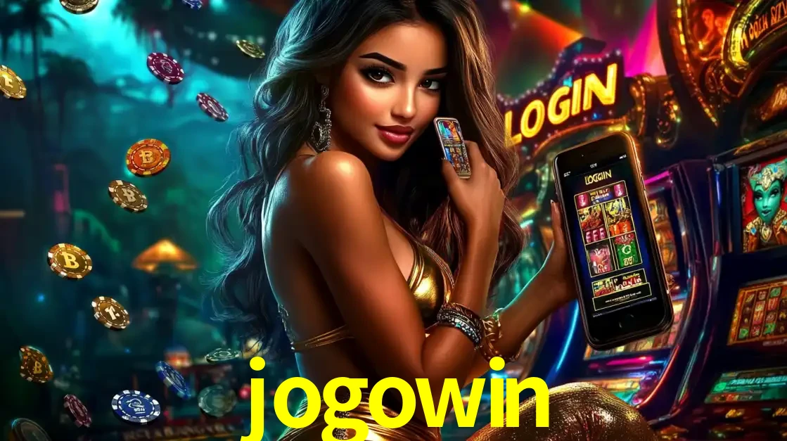 Mulher em um cenário de cassino temático de aventura, mostrando o app de caça-níqueis da jogowin no celular. Fichas de apostas flutuam ao redor.