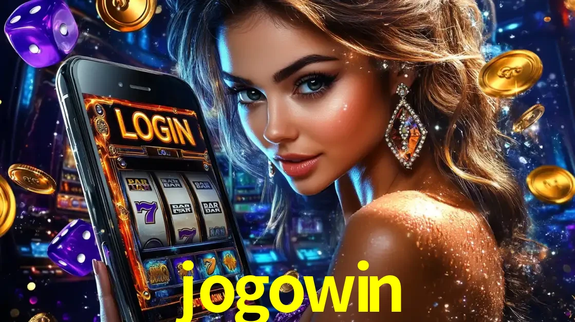 Mulher glamorosa segurando um smartphone com a tela de login para os jogos de caça-níqueis do cassino online jogowin, com moedas de ouro e dados ao redor.